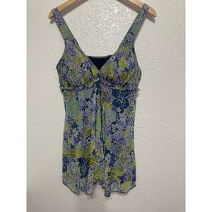 A Shore Fit Floral Mesh Swimdress One Piece Swimsuit Blue Purple Green Womens 16